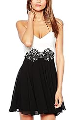 Sexy Plunging Neck Sweetheart Two-Toned Embroidered Backless Skater Dress 