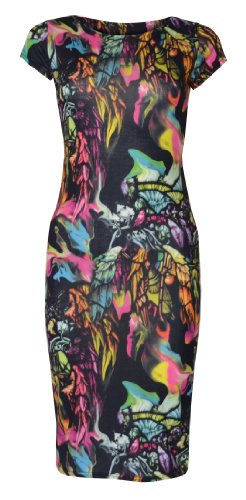 Womens Cap Sleeved Birds & Feathers Midi Dress