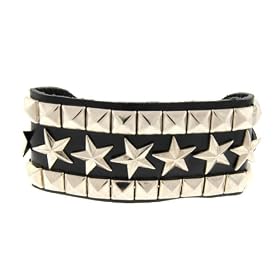 Click here to buy 2 Rows of Pryamid Shaped Studs and 1 Row of Stars Leather Wrist Band Bracelet by Toltec Trading Company.