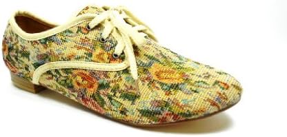 New Ladies Beige Floral Fabric Lace up Oxfords Vintage Design