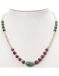 Designer Single Strand Natural Faceted Emerald, Ruby & Fresh Water Pearl Beaded Necklace