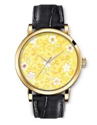 SPRAWL Aanalog Fashion Series Gold Ladies Watches of Genuine Black Leather Strap,Unique Wrist Watch for Women Girls Designed with Stamping and yellow flowers