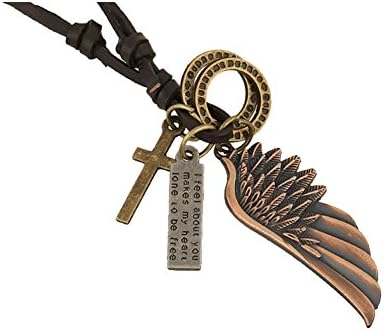 Senchanting Valentine Days Gift PU Leather Necklace Angel Wings Pendant Necklaces (Red copper)