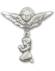 Sterling Silver Baby Badge with Praying Girl Charm and Angel w/Wings Badge Pin