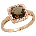 10k Rose Gold Stone Ring, w/ 0.16 Carat Brilliant Cut Diamonds & 1.50 Carats (7mm) Cushion Cut Smoky Topaz Stone, 3/8" (9mm) wide