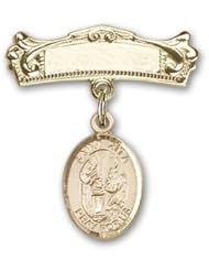 14K Gold Baby Badge with St. Zita Charm and Arched Polished Badge Pin