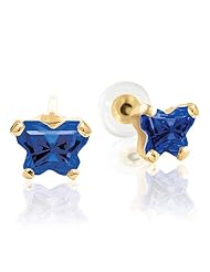 Blue Butterfly Cubic Zirconia Earrings in 14kt Yellow Gold - Pressure Back