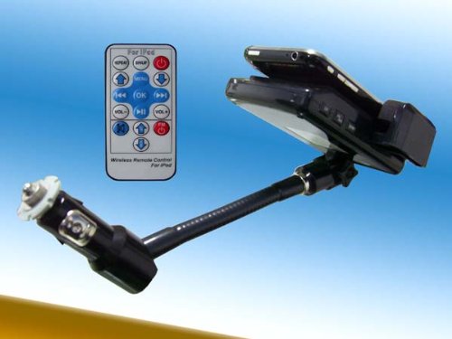 GSI Super Quality Wireless Hands-Free 5-in-1 Dock-Mount-Charger-FM Transmitter-Car Kit, with Goose-neck Mount for Ipod, IPhone 4-3G-3GS, MP3, MP4, CD, DVD Players - Includes Remote Control, Audio Cable, LCD Display - Cigarette Lighter Plug-In