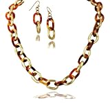 Brushed Gold & Faux Tortoise Link Chunky Chain Necklace & Dangle Earring Set