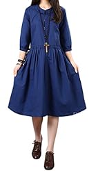 Elbow Length Sleeves Full-Skirt Cotton/Linen Pleated Midi Dress 