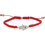 Sparkling Crystal Hamsa Evil Eye on Red Cord Macrame Bracelet