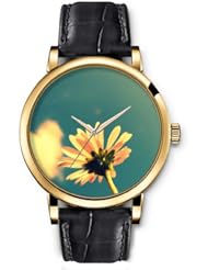 SPRAWL Aanalog Fashion Series Gold Ladies Watches of Genuine Black Leather Strap,Unique Wrist Watch for Women Girls Designed with yellow gerbera