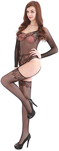 jaxfans Womens Sleeves Suspender Fishnet Bodystocking Black single
