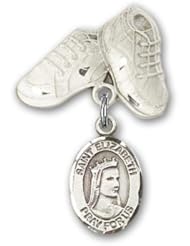 Sterling Silver Baby Badge with St. Elizabeth of Hungary Charm and Baby Boots Pin. Catholic Saint Elizabeth of Hungary Patron Saint of Bakers, Nursing Services, Falsely Accused
