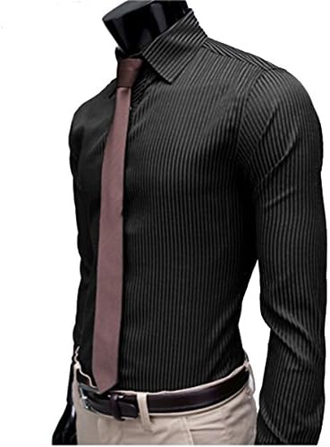 Peryal Men Turn Down Collar Long Sleeve Stripped Slim Fit Bottoming Shirts L Black