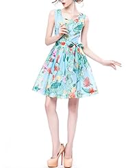 Spring Summer Silk Vintage Floral Print Party Dress 
