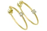 18K Yellow Gold 1.5 (40.0mm) in Diameter Wire Hoop Earrings, Enhanced with Bezel Set Diamonds in Flower-Shape Stations.
