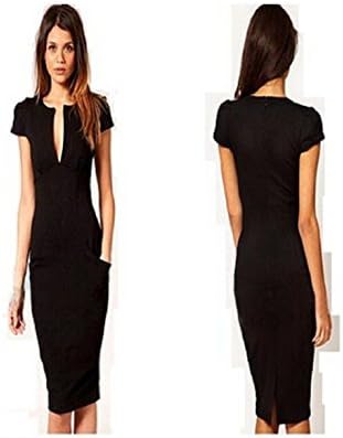 2014 V-neck Fashion Celebrity Pencil Dress Women Wear to Work Slim Knee-length Pocket Party Bodycon Dress Xs-xxl (S, Black)