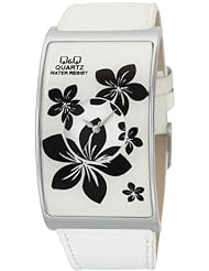 Q and Q Women Large Case Analog Watch Flowers on Crystal & Dail Leather Band