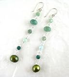 Sterling Silver & Stone Long Drop Earrings, Green