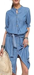 Elbow Length Sleeves  Asymmetric Belted Pleated Denim  Shirt Club Dress/Wedding Party Dress  With a Bow(s)