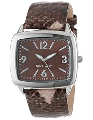 Nine West Womens NW/1405BNBN Rectangle Silver-Tone Brown Snakeskin Print Strap Watch