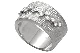 14K White Gold Hand-Crafted Matte-Finish Ring, Etched and Enhanced with Custered Bezel Diamonds.
