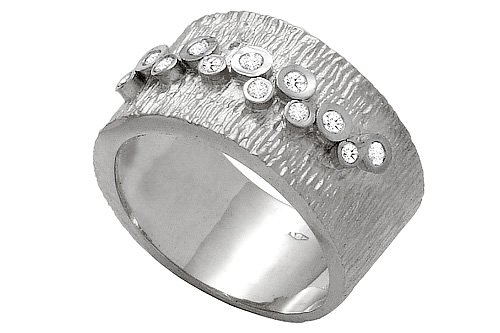 14K White Gold Hand-Crafted Matte-Finish Ring, Etched and Enhanced with Custered Bezel Diamonds.
