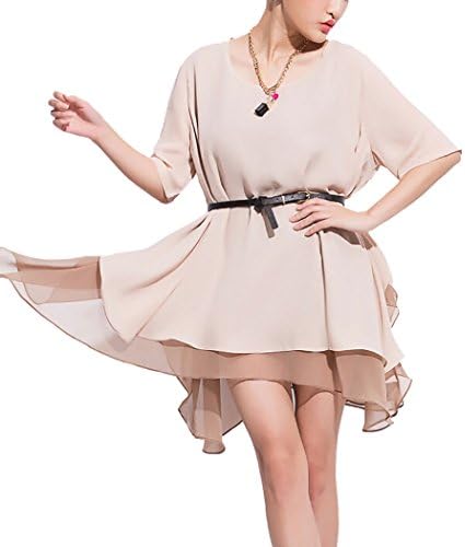 Flouncing Irregular Hem Short Sleeve Chiffon Short Dress with Belt for Teen Girls (Asian Size XXXL, Light Khaki)