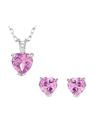 Created Pink Sapphire Heart Earrings and Pendant Set 3.0 Carat (ctw) in Sterling Silver
