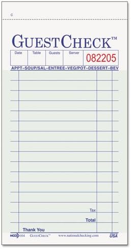 National Checking Company Guest Check Pad, 3-1/2 x 6-3/4, Two-Part Carbonless - 50 pads.