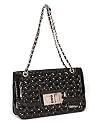 Black patent shoulder handbag with chain strap and heart shaped quilting