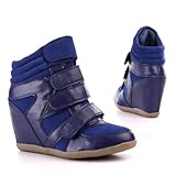 Damen Schuhe, STIEFELETTEN, KEIL WEDGES ANKLE BOOTS, KA-869, Synthetik in hochwertiger Leder Optik und Wild Leder Optik, Blau, Gr 38