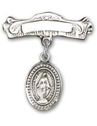 Sterling Silver Baby Badge with Miraculous Charm and Arched Polished Badge Pin