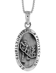 Sterling Silver Saint Christopher Pendant for Hockey , 1 3/8 inch tall