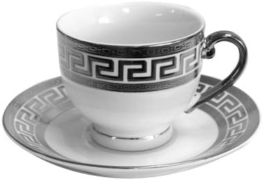 Set of 6 Teacups Coffee Cups and Saucers Porcelain Greek Key Design (Silver)