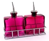 Home Retro Colored Glass Matic Vinegar and Oil Dispensers ~ Two Fuchsia Glass Bottles With Chrome Metal Stand ~ Olive Oil Bottles ~ Vinegar Bottles ~ Decorative Liquid Dispensers ~ Cruet ~ Drizzler