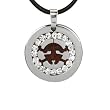 Stainless Steel Natural Redwood Cubic Zirconia Skull Medallion Pendant w. Rubber Cord Necklace