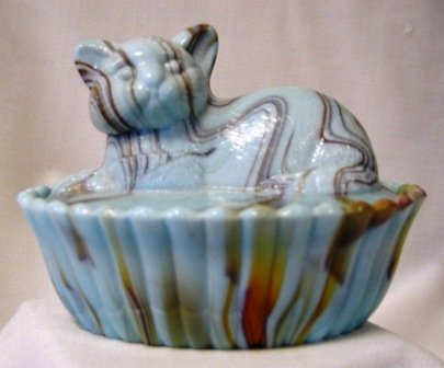 Blue & Red Milk Slag Glass Cat on Ribbed Base Covered Dish