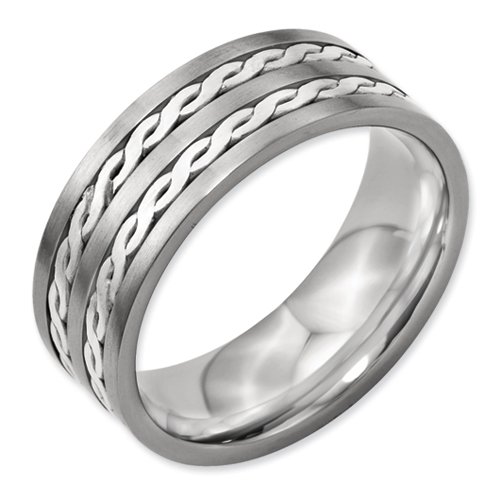 Titanium Sterling Silver Inlay 8mm Brushed And Antiqued Band, Size 11