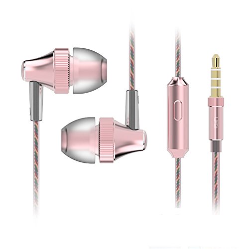 Headphones, Metal Earbuds Bass In Ear Earphones Stereo Cell Phone Headset with Microphone & Remote Control for Apple iPhone iPod iPad Samsung HTC LG Android Smartphones MP3 Plays (Pink)