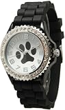 Women's Geneva Black Paw Face Platinum Silicone Rubber Jelly Watch with CZ Crystal Rhinestones Face Bling