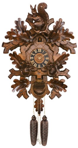 River City Clocks 835-16 Eight Day Cuckoo Clock with Hand-Carved Oak Leaves And Three Squirrels Feeding, 16-Inch Tall