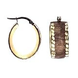 14k Chocolate and Yellow Gold Brushed Finish Design Oval Hoop Earrings With Diamond-Cut Edge