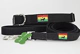RASTA DOG Fleece Lined Bamboo Dog Collar & Leash Set Bundle with FREE ID TAG Sizes S M L XL Red Black Tan Grey (Large: 16