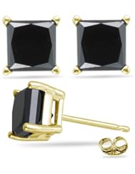 3/4 (0.71-0.80) Cts of 3.40-3.70 mm AA Princess Black Diamond Stud Earrings in 18K Yellow Gold