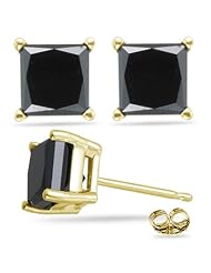 3/4 (0.71-0.80) Cts of 3.40-3.70 mm AA Princess Black Diamond Stud Earrings in 14K Yellow Gold-Screw Backs