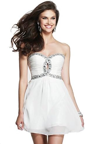 Frigga Gorgeous Chiffon Cocktail Dress with Shiny Stones on Neckline and Waist (14, White)
