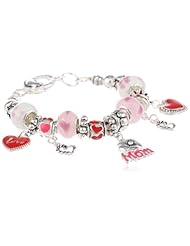 "Love You Mom" Hearts and Flowers Charm Bracelet, 7.5"