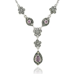 Sterling Silver Marcasite and Amethyst Y Necklace, 17 by